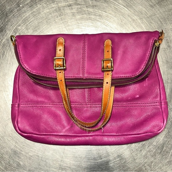 FOSSIL TAYLOR MAGENTA PURPLE+BROWN TRIM LEATHER CROSSBODY,TOTE,HAND BAG - Picture 8 of 9